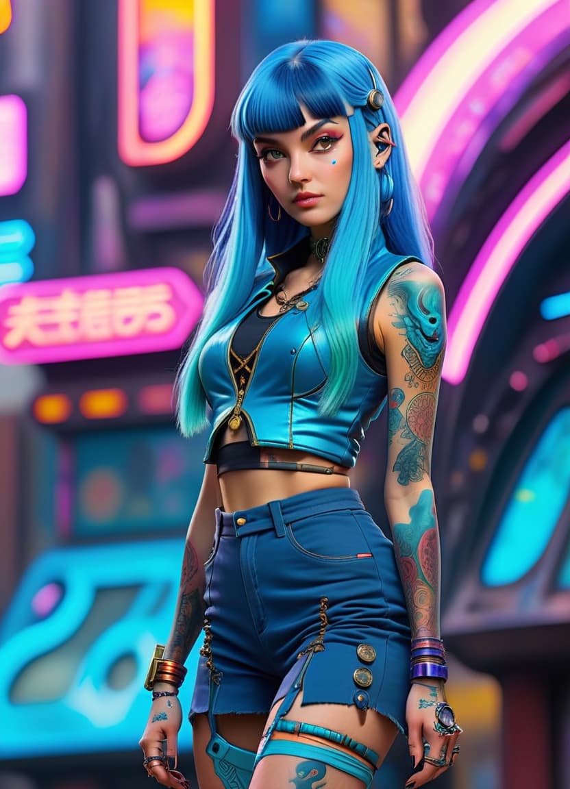  retro cyberpunk genazi air, age girl stands full length, perfect skin, long hair, flat bangs, blue hair, air magician, sorcerer, small , tattoos on hands, fully body, show full body with legs, 8k,hdr, masterpiece, hyperrealisme, extreme detalied, . 80's inspired, synthwave, neon, vint, detailed, retro futurism, perfecteyes