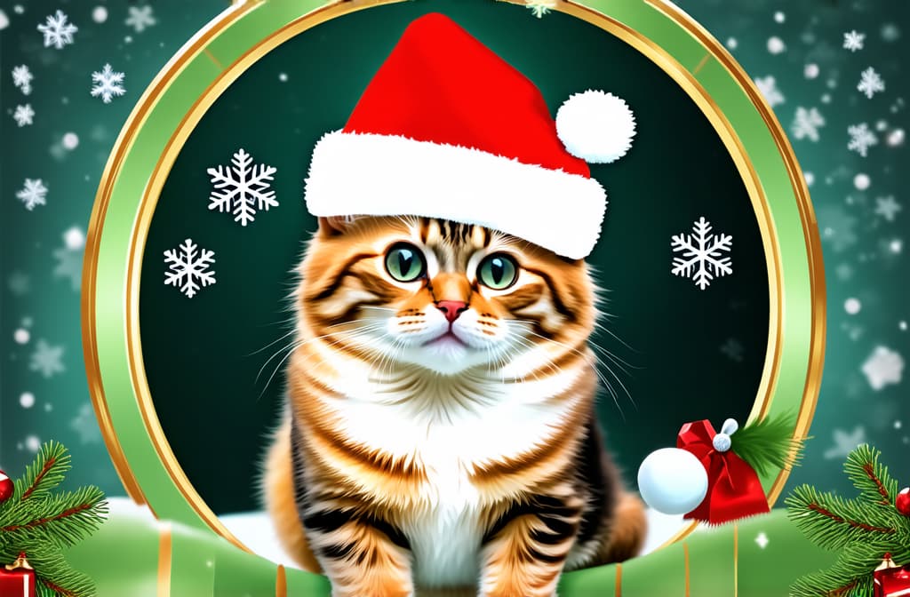  festive holiday cat in santa hat amid soft snowflakes perfect for christmas cards and winter themed decor ar 3:2 {prompt}, maximum details