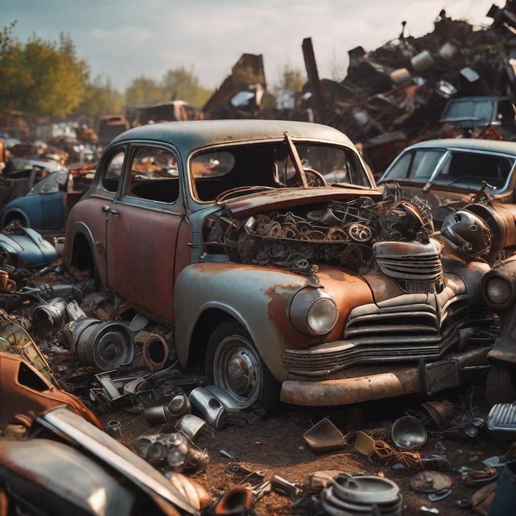  a junkyard filled with various metal scraps and objects hyperrealistic, full body, detailed clothing, highly detailed, cinematic lighting, stunningly beautiful, intricate, sharp focus, f/1. 8, 85mm, (centered image composition), (professionally color graded), ((bright soft diffused light)), volumetric fog, trending on instagram, trending on tumblr, HDR 4K, 8K