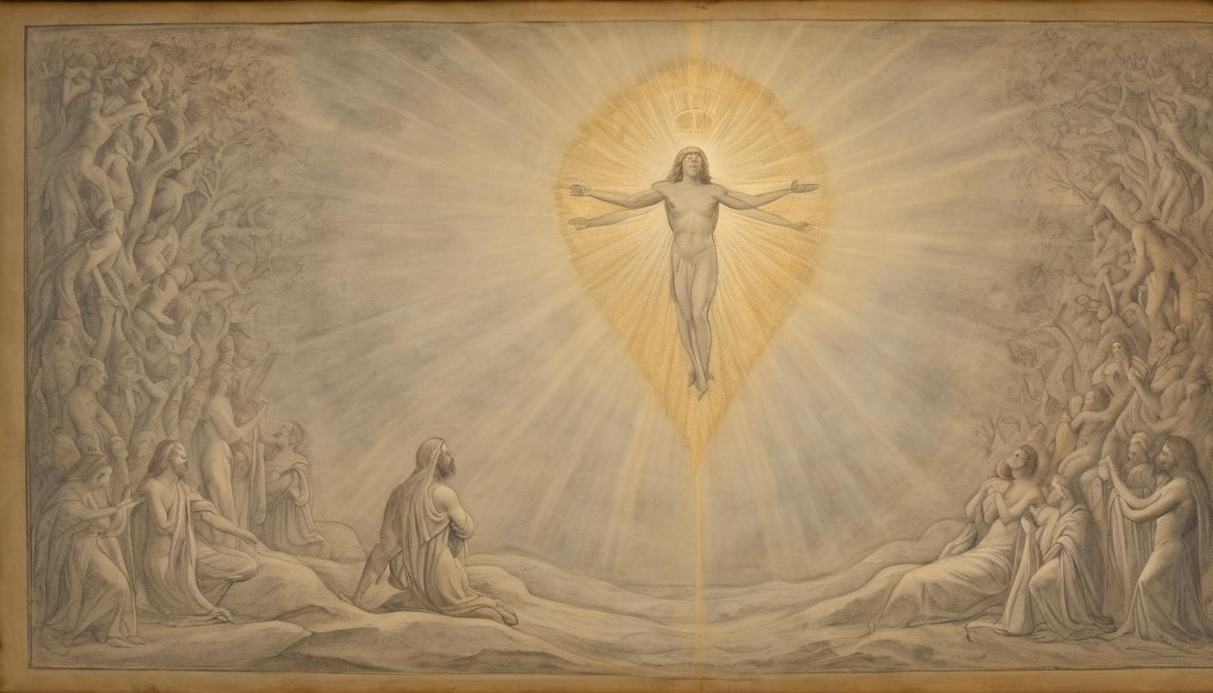  on parchment, surrealism++, divine figure holding a radiant, pulsating heart, hands gently cradling it, beams of light streaming from the heart, figures kneeling in reverence, serene and miraculous atmosphere(mysterious, provocative, symbolic)++