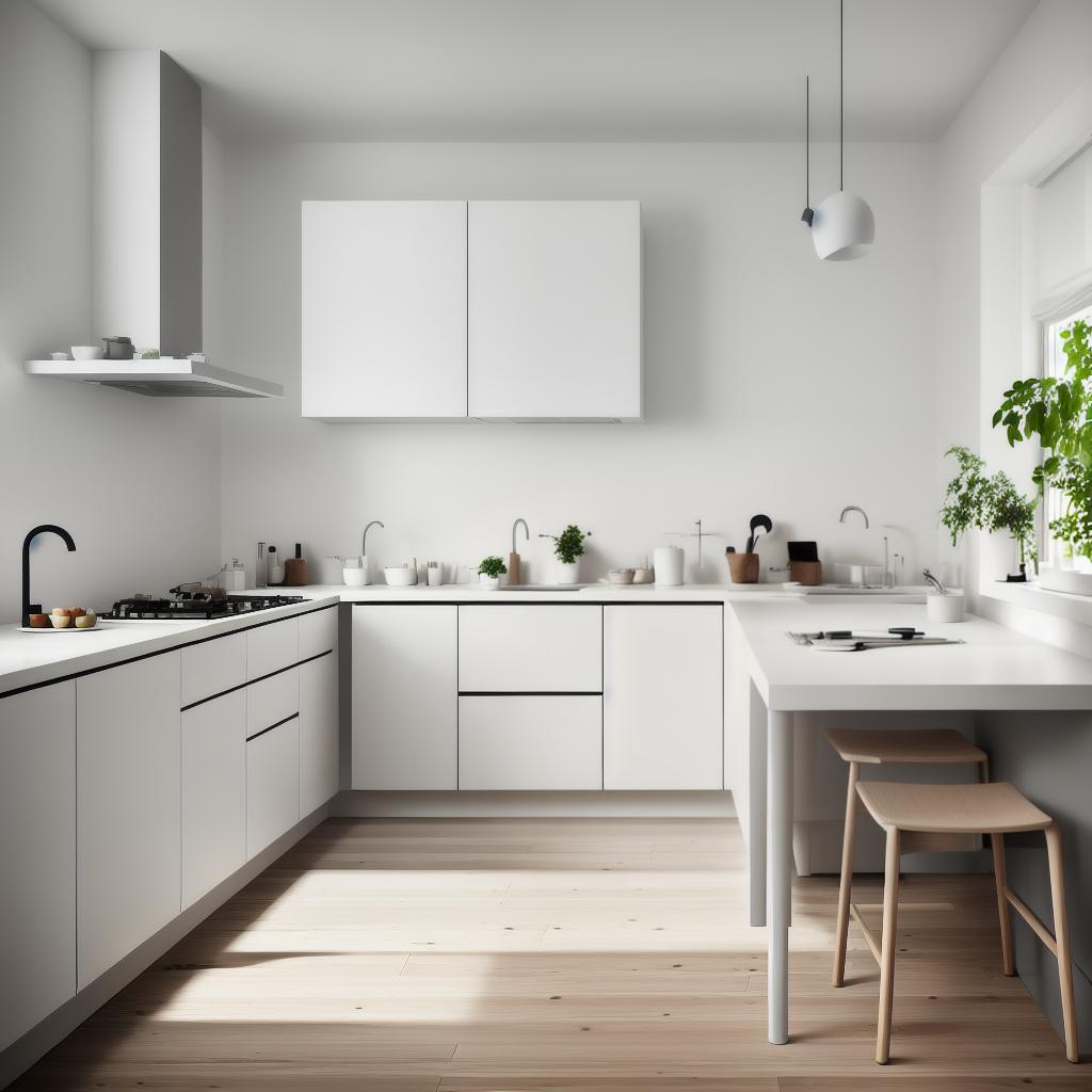  high resolution raw photo of a minimalist and simple ikea kitchen, natural lighting, soft focus, clean lines, scandinavian design, subtle shadows, warm tones, 8k, styles for printing, advanced detail processing style raw, best quality, masterpiece