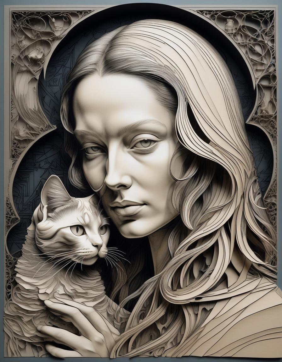  stacked papercut art of abstract charcoal sketch and pastels, delicate, perfect, stunning, captivating portrait of a woman with her lovely cat in style albrecht dürer, leonardo da vinci, rembrandt, stanisław wyspiański . 3d, layered, dimensional, depth, precision cut, stacked layers, papercut, high contrast