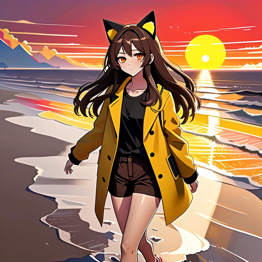  architectural style an anime girl with cat ears walks down the beach. she has long dark brown hair, which flies slightly in the breeze. her face, with pronounced jewish and slavic features, radiates lively energy. brown eyes are full of deep emotions, as if reflecting the vast expanses of the ocean. she wears a bright yellow coat, which seems to shine, catching the eye and contrasting with the soft shades of the sunset. under her coat she wears a black shirt and black shorts are decorated with yellow elements, creating a stylish and dynamic look. a bright red sunset turns into night, and the bright red rays of the sun fall on the terrain and contrast with the night darkness. . clean lines, geometric shapes, minimalist, modern, architectural