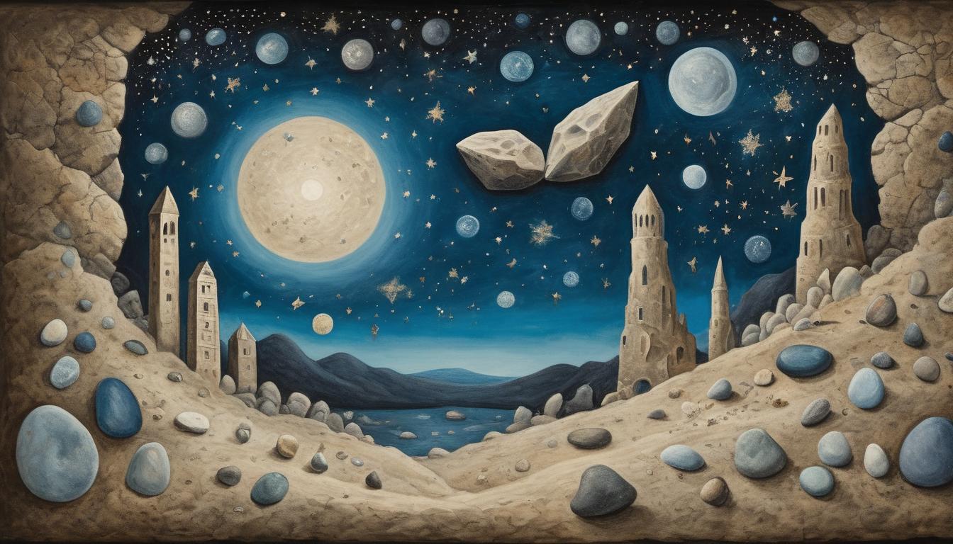  on parchment, surrealism++, stones flying upwards toward a night sky filled with stars, stones dissolving into stardust, ethereal, unexpected turn, cosmic consequence(mysterious, provocative, symbolic)++