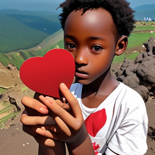  Fair skin Ghanaian boy holding a heart in his hands on a mountain