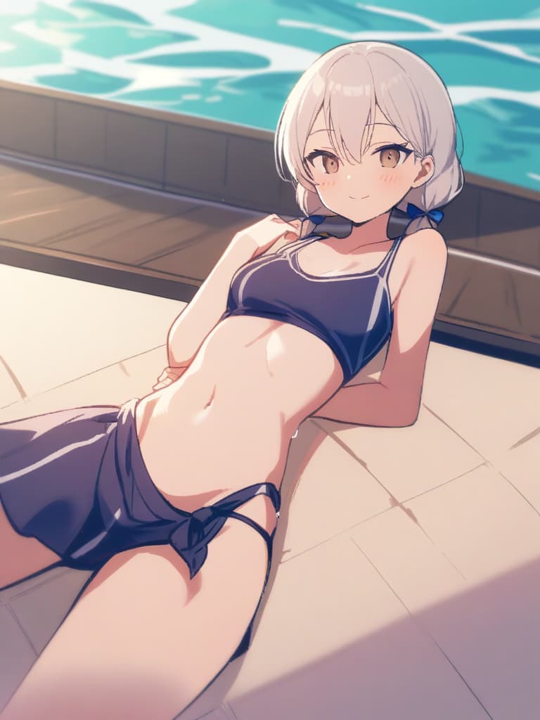  women's elementary students (male), twin tails, cute smiles, (rich s), short stature, dark blue swimwear, old swimwear, swimwear, simple, male (upward), (swelling), clear shape. , front, whole body, pool side,