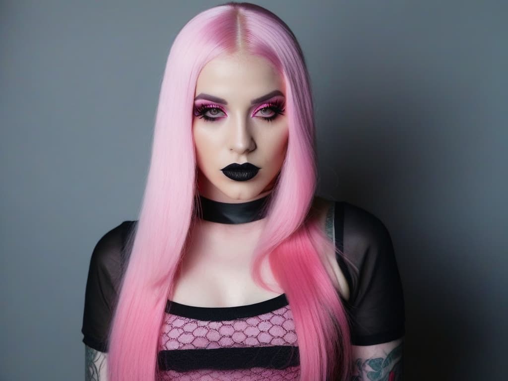  4 age women,full body shot portrait horrifying scary pale long pink hair ,full white eyes, black lips, black dripping eyeshadow tattoos,in pink cotton with pink trim