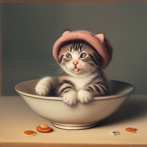  sad kitten in a hat wants to eat and cries at an empty bowl with the inscription "donat"