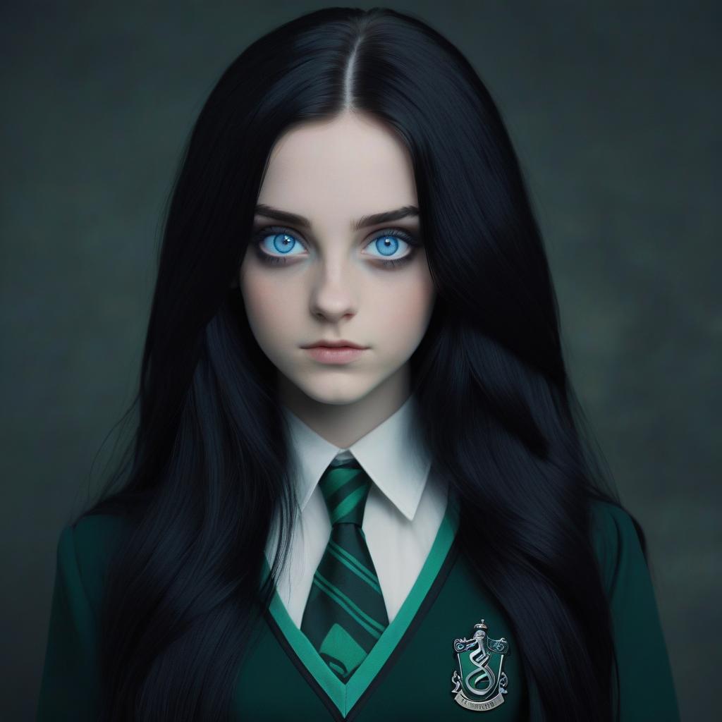  girl, long black hair, blue eyes, slytherin shape,