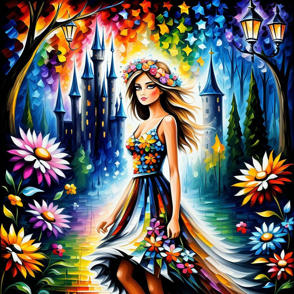  (style of leonid afremov:1.5), fantasy world with pixies and flowers, a castle with many flowers, flying pixi girl, pixi dressed in a dress made of flowers, in clothes made of flowers, forest of flowers, alley of flowers in the forest, dream, wings of flowers, night and stars, epic realism, anime features, dark fantasy, abstract horror, desaturated color palette, gothic and renaissance aesthetic,