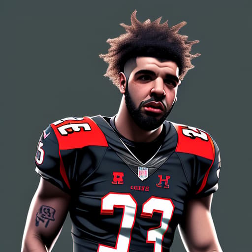  I need NFL football player, Drake London, looking like a werewolf in a football stadium with a very dark and eerie background. His jersey number should be five and the jersey should be black in colour with red trim and the name London on it.