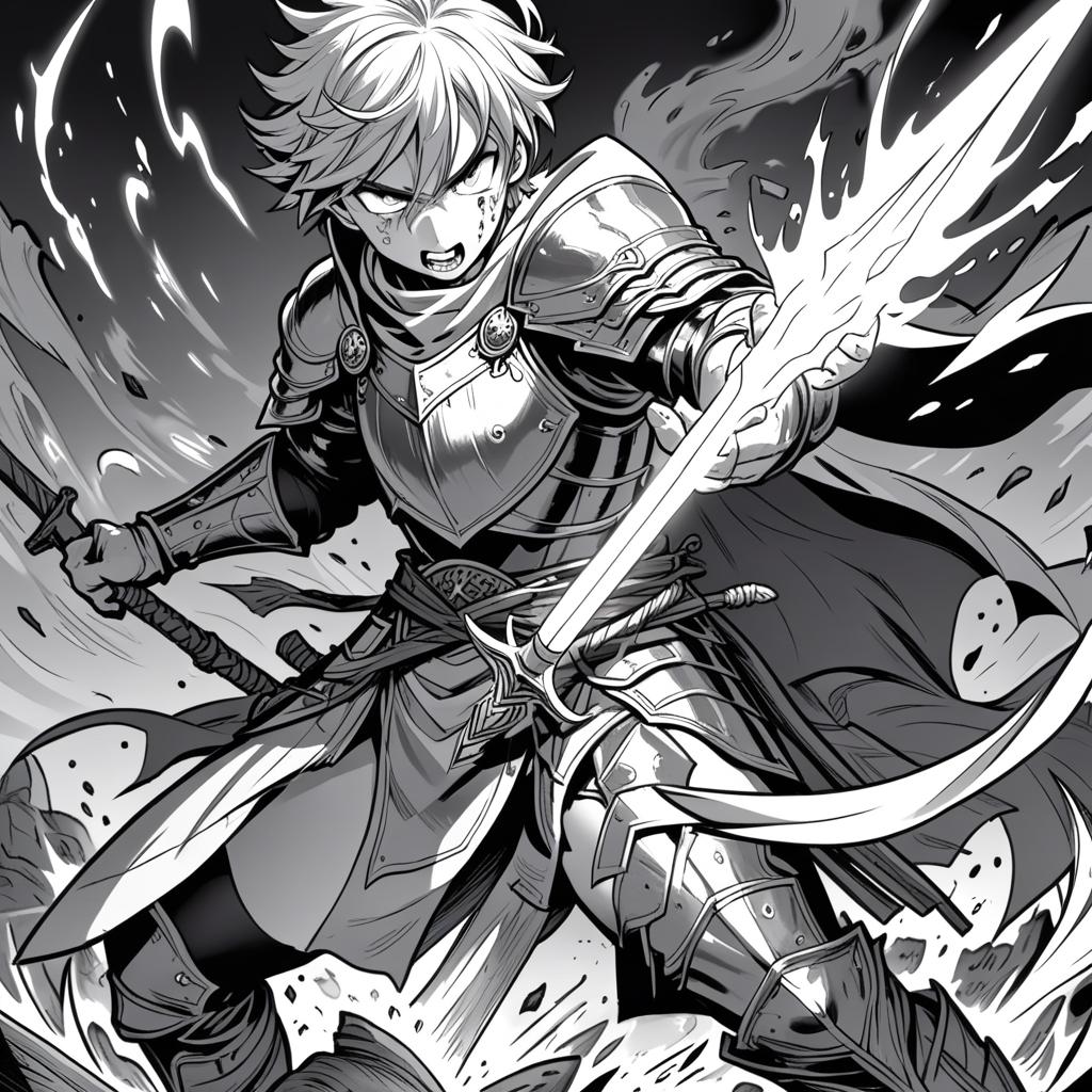  manga artwork fantasy, greyscale monochrome, manga materials, knight fighting mage, mage get pierced by the spear of the knight and start bleeding, mage unleashing the firebolt in the face of a knight, fullsize body view, legs. manga artist. manga, highly emotional. best quality, high resolution