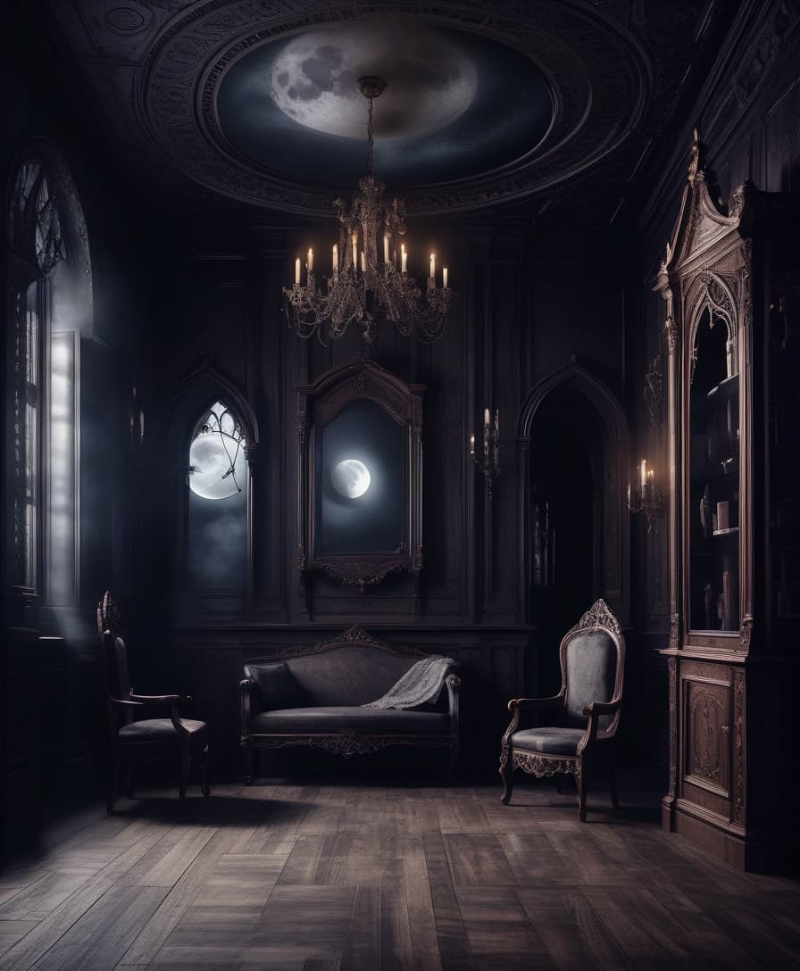  gothic style the dark room. wooden furniture in classic style. web and dust. no lighting. the moon outside . dark, mysterious, haunting, dramatic, ornate, detailed