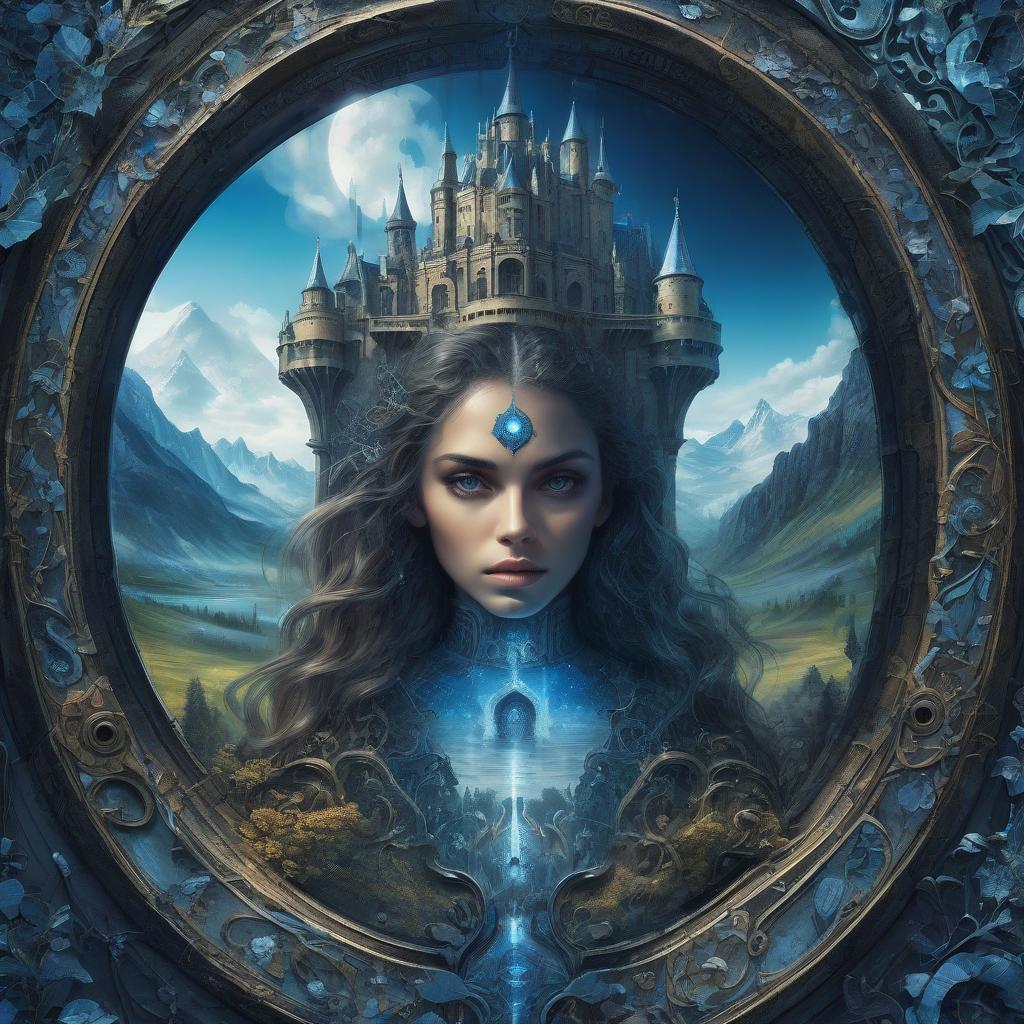  iron castle. there is a moat in front of the castle. a castle in the mountains. a gloomy castle. the lock is composed entirely of iron. baroque, rococo, cyberpunk. castle in the mountain. (portal: 1,5). portal room. (mirrors: 1.5). (mirror in wall: 1.5). mirror shows blue sky, field, sunlight. another world. double exposure. detailed, detailed drawing. stylistics: intricate zentangle patterns in the manner of karol bak, rahaf dk albab, andrew jones. bright colors.high quality and detail. hdr. masterpiece. double exposure.