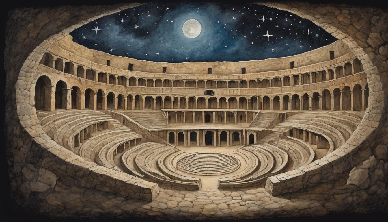  on parchment, surrealism++, ancient amphitheater under a dark sky, stars twinkling faintly, ghostly whispers, echoes of applause, mixed feelings of triumph and isolation(mysterious, provocative, symbolic)++