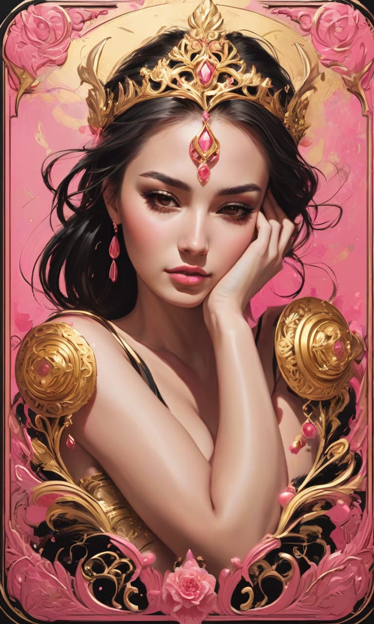  concept art pink, gold, black, white card cover . digital artwork, illustrative, painterly, matte painting, highly detailed, perfect hands