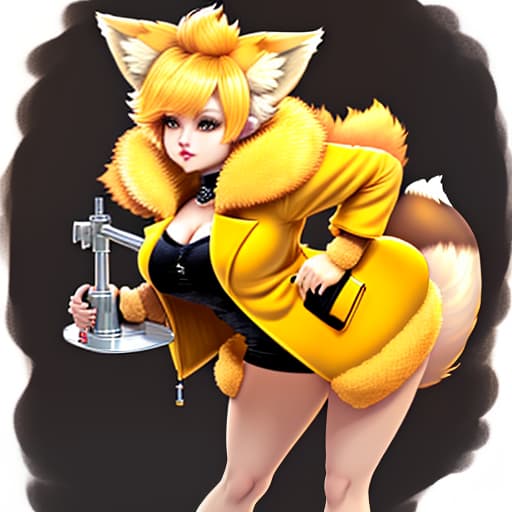  short stature, goddess fox, with a pumped press, big s, big , yellow short hair, hairstyle kare, in a short fluffy fox coat, with long fur