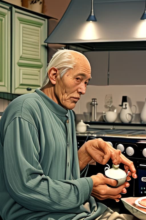  Old man sits in his kitchen at night drinking tea with five aliens