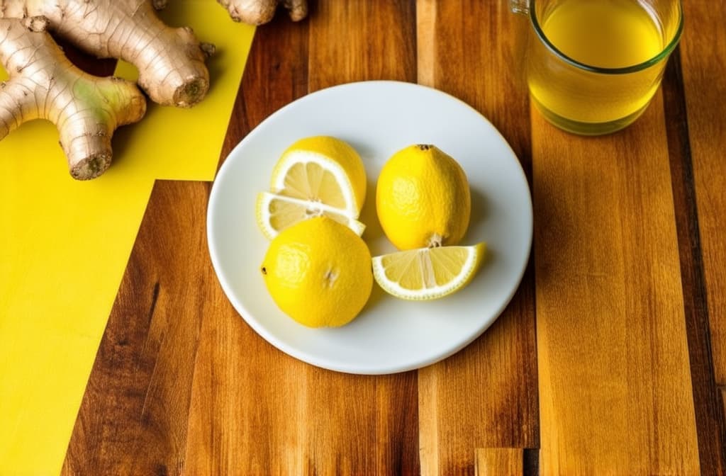  food gourmet photography style, the ginger root, cut into pieces, lies on a white plate, and a yellow lemon, cut into slices, lies next to it on a plate. the plate is on a wooden table. there is a white cup with a transparent yellow liquid on the table ar 3:2, appetizing, professional, culinary, high resolution, commercial, highly detailed ,soft natural lighting, macro details, vibrant colors, fresh ingredients, glistening textures, bokeh background, styled plating, wooden tabletop, garnished, tantalizing, editorial quality