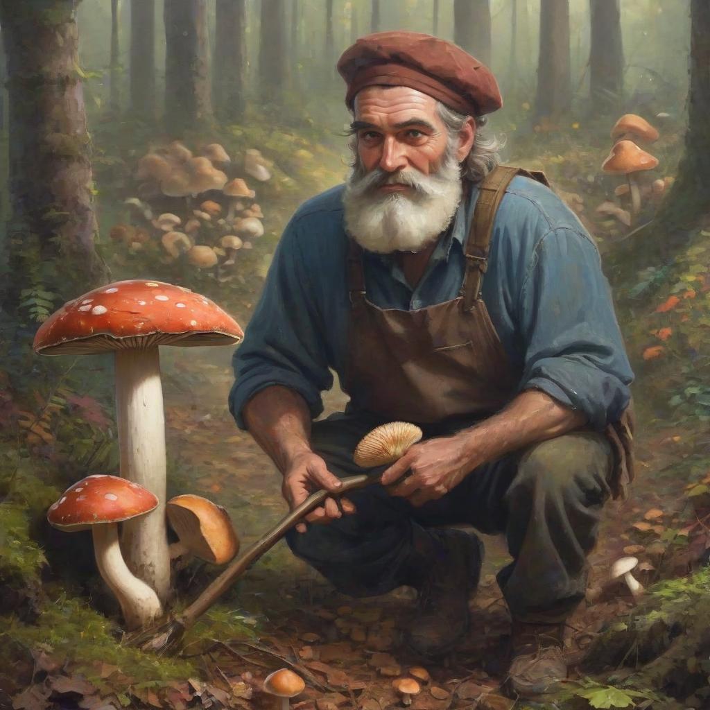  bearded man mushroom picker