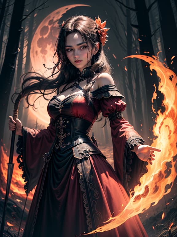  master piece, best quality, ultra detailed, highres, 4k.8k, beautiful woman, holding flames in both hands, with a scythe by her side, mysterious, break death and fire meet under the red moon., enchanted forest clearing, red dress, scythe, red moon, flames, break eerily enchanting, soft glow of flames, mystical aura around the character,