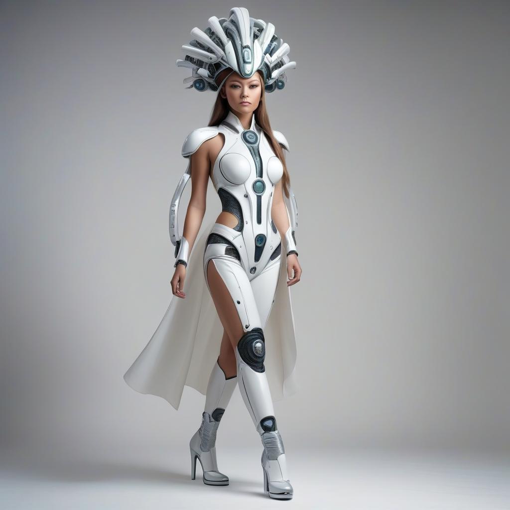  the costume of a woman from the future. headdress. full height. with shoes