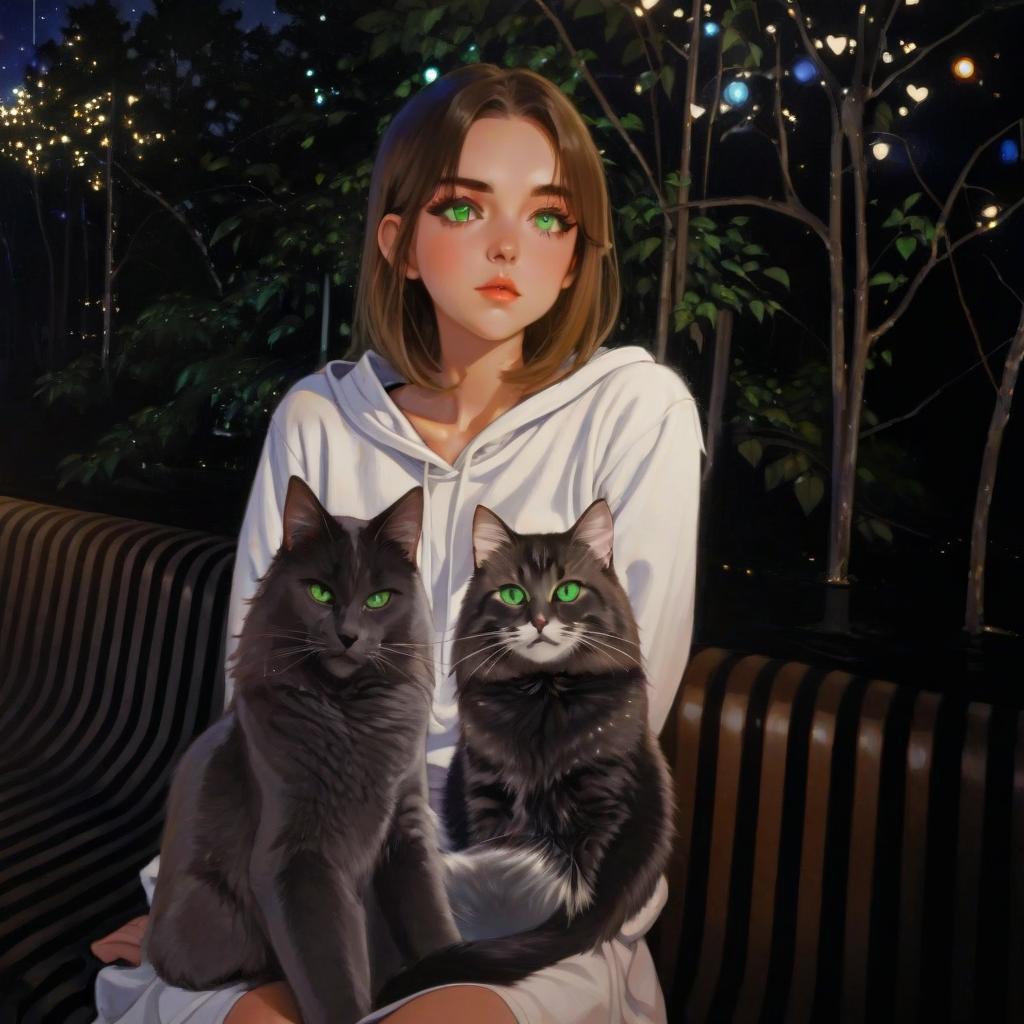  girl with dark green eyes, two cats, spotlights, stage, space in the background, love of music, idol