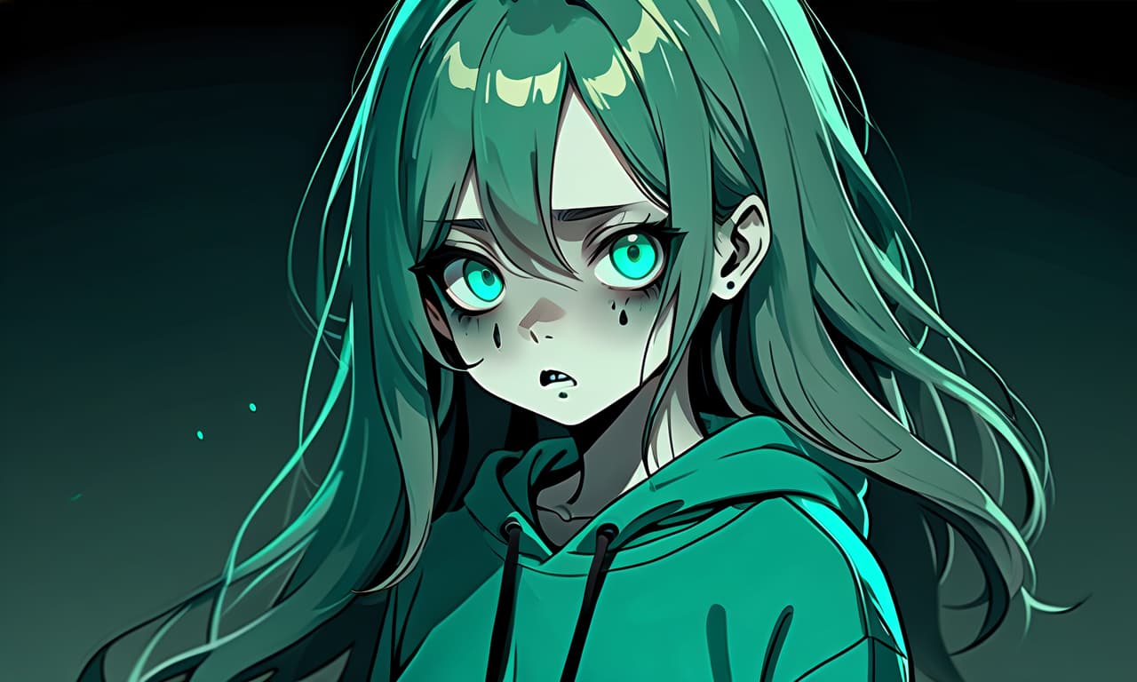  horror themed a girl in anime style with long hair stands in the dark dressed in a dark green sweatshirt and pants. the girl looks into the darkness with black lower eyelids under the eyes of turquoise color full of fear of the unknown and curiosity. she's holding her hand in front of her. . eerie, unsettling, dark, spooky, suspenseful, grim, highly detailed