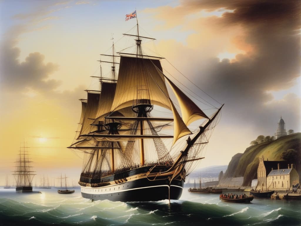  the cutty sark sails out of an english harbour in 1871, several small ships anchored in the harbour, people on the piers and in the harbour, painting, 1820, high quality, realistic image