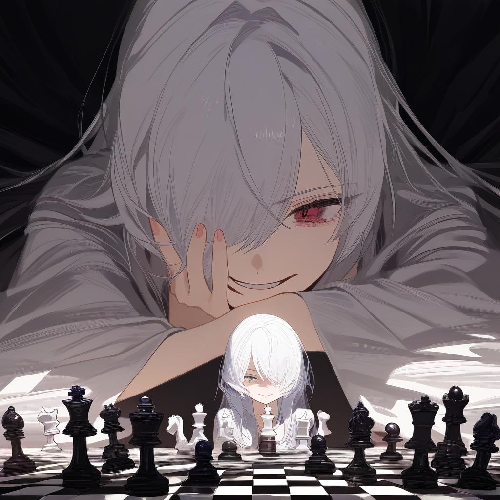  white hair anime woman with shadows hiding face, sitting in front of a table with a chess set on it,an evil smile on her face and only 1 eye is visible . best quality, high resolution