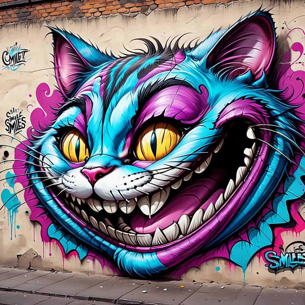  graffiti style cheshire cat smiles . street art, vibrant, urban, detailed, tag, mural, on parchment