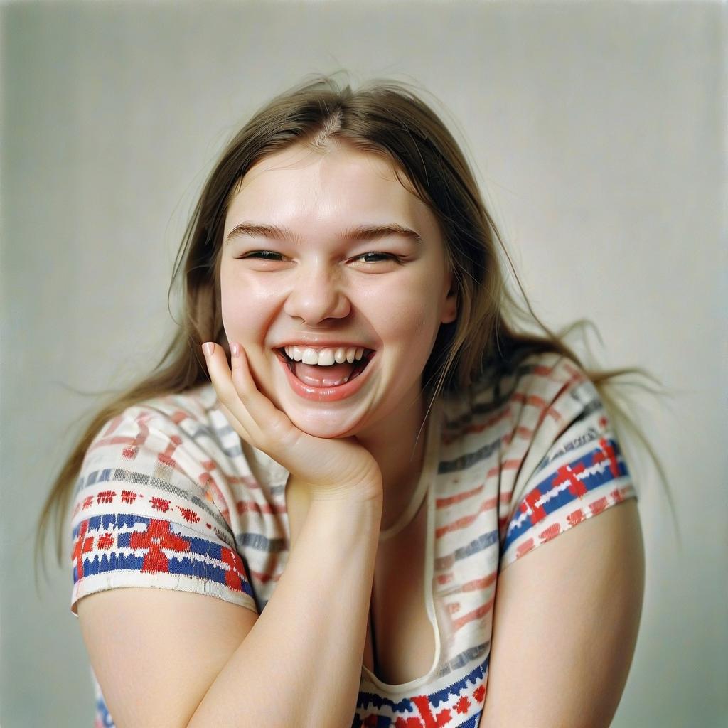  girl of slavic appearance, beautiful model, plump, laughing, cheerful, superrealism, full height, film photography style