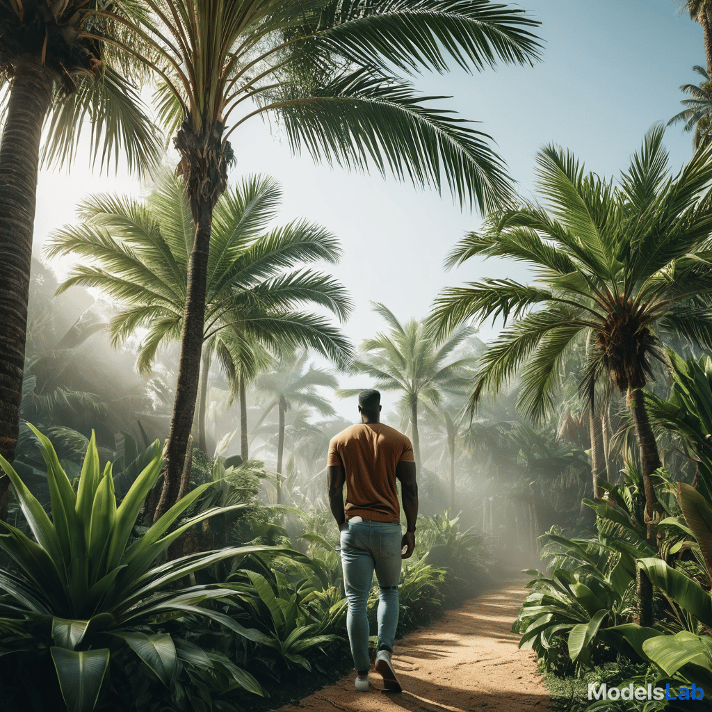  add some plants, palm trees, and other tropical plants hyperrealistic, full body, detailed clothing, highly detailed, cinematic lighting, stunningly beautiful, intricate, sharp focus, f/1. 8, 85mm, (centered image composition), (professionally color graded), ((bright soft diffused light)), volumetric fog, trending on instagram, trending on tumblr, HDR 4K, 8K