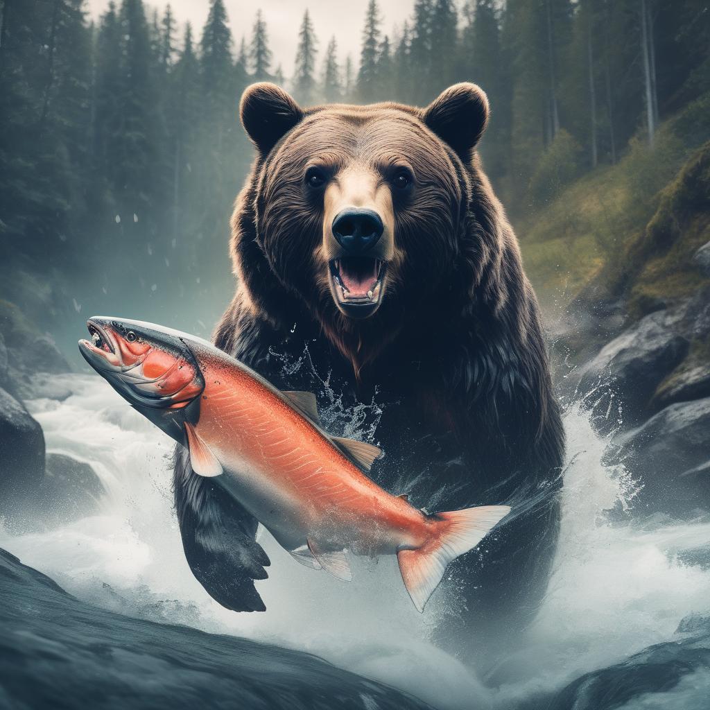  merged, jed dblexpsre effect, double exposure a close up silhouette of a bear's head, epic atmosphere with a river rapids with (((salmon swimming))) upstream and jumping from the water, forest backdrop byneuralartstudio, <lora:doubleexposure 000007:1>