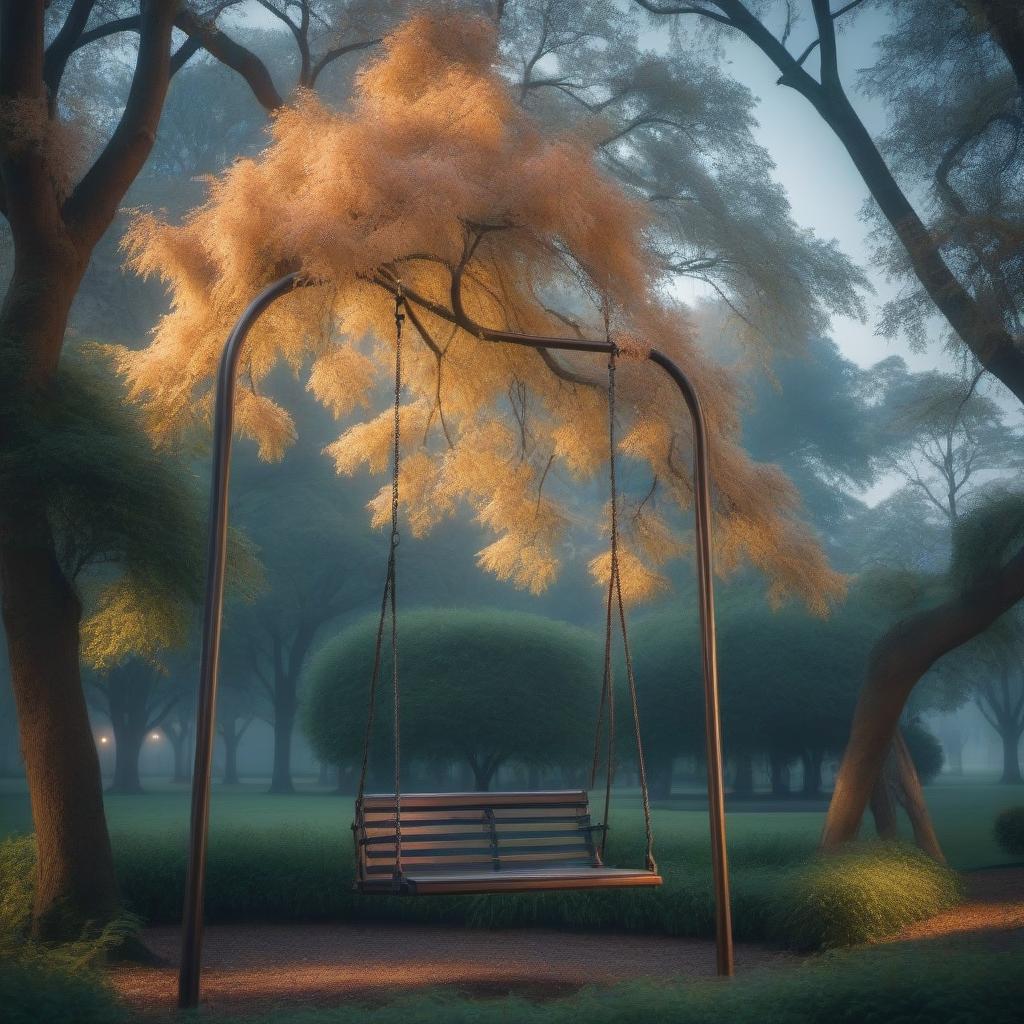  An empty swing in the park hyperrealistic, full body, detailed clothing, highly detailed, cinematic lighting, stunningly beautiful, intricate, sharp focus, f/1. 8, 85mm, (centered image composition), (professionally color graded), ((bright soft diffused light)), volumetric fog, trending on instagram, trending on tumblr, HDR 4K, 8K