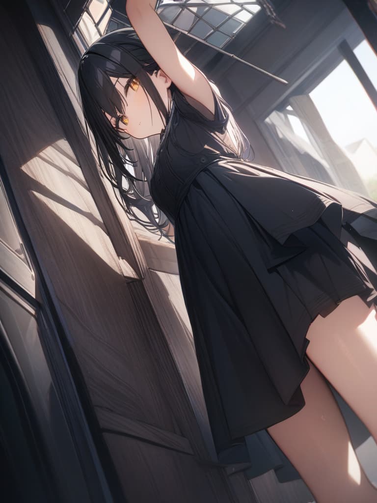  black hair, yellow eyes, slightly hanging, relentless, , cute, , black dress, masterpiece, best quality,8k,ultra detailed,high resolution,an extremely delicate and beautiful,hyper detail