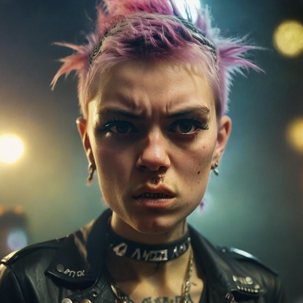  cinematic photo beautiful punk rock girl, aggressive pose, arrogance, pride. sullen, weird, unusual, mysterious, attention grabbing, hyper detailed face and eyes, very detailed, beautifully lit, diffused light . 35mm photograph, film, bokeh, professional, 4k, highly detailed, film photography style