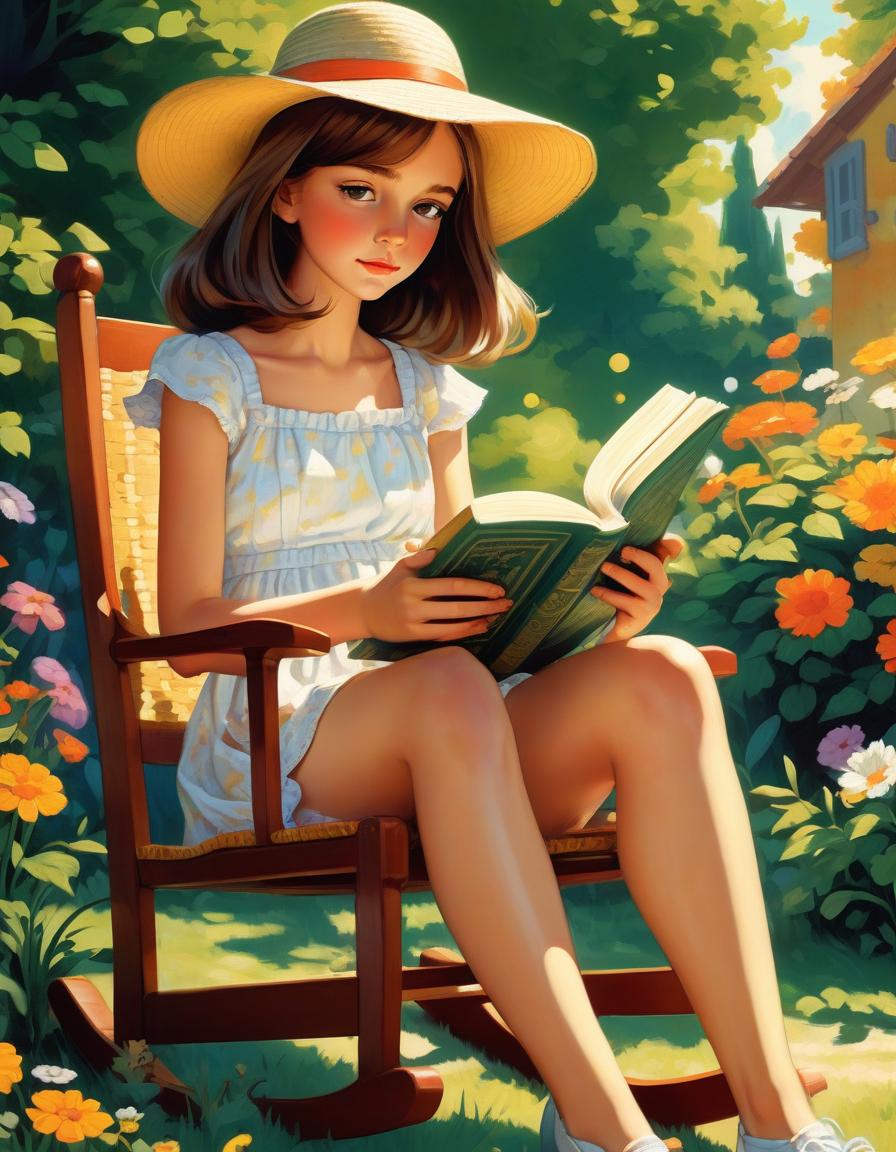  retro game art the girl is very beautiful in the summer garden in a rocking chair reads a book, her hair is beautifully laid in her hair, a summer straw hat, a light cotton sundress, at the feet of the girl there is a hound, white with black spots, a sunny day, green trees are permeated with the sun, picturesque canvas, acrylic paints, . 16 bit, vibrant colors, pixelated, nostalgic, charming, fun