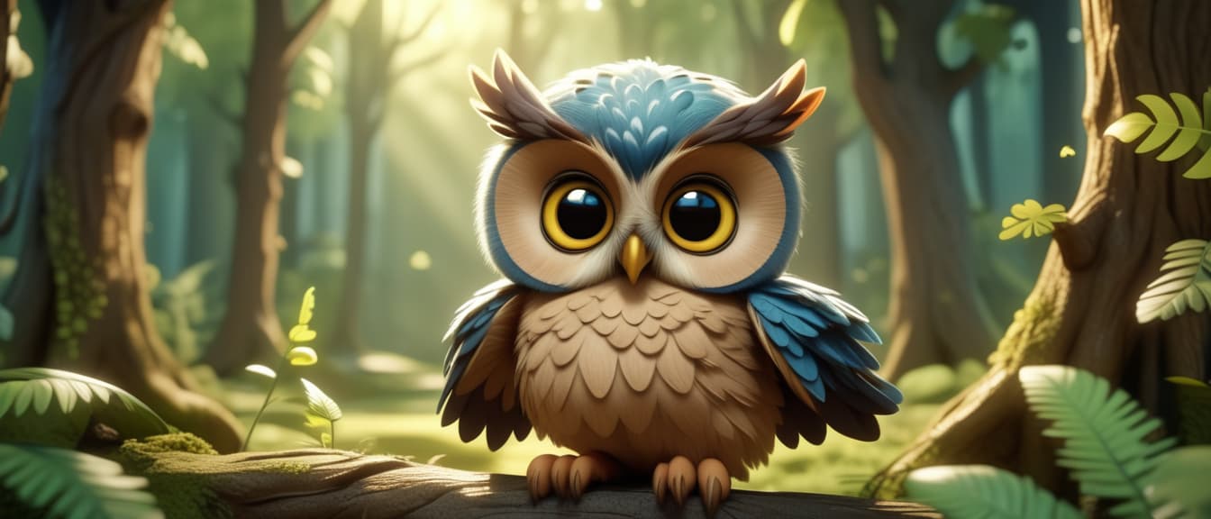 A cute adorable baby owl rendered in the style of child friendly cartoon animation fantasy style background of lush forest