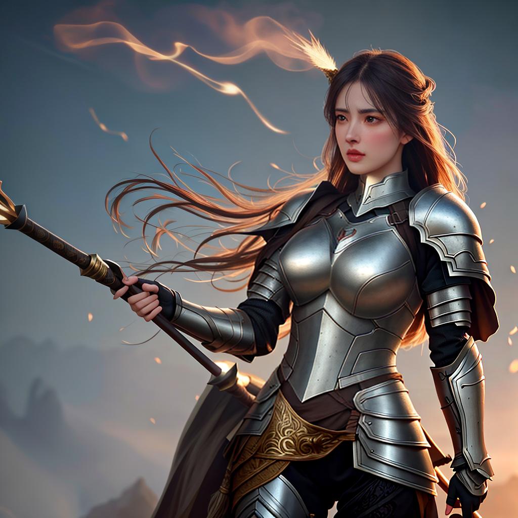  a girl with spear and armor on war hyperrealistic, full body, detailed clothing, highly detailed, cinematic lighting, stunningly beautiful, intricate, sharp focus, f/1. 8, 85mm, (centered image composition), (professionally color graded), ((bright soft diffused light)), volumetric fog, trending on instagram, trending on tumblr, HDR 4K, 8K