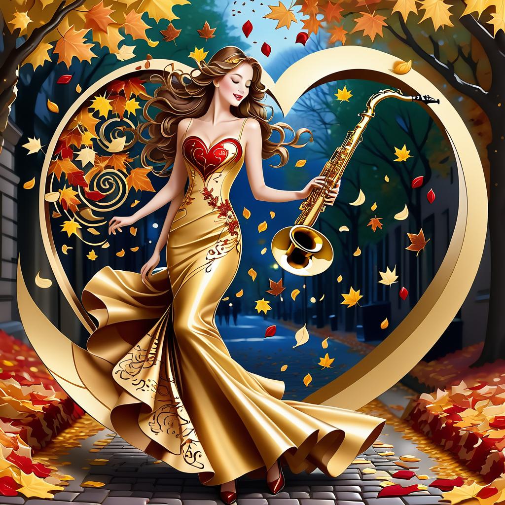  luxury product style on a carpet of yellow leaves in a simple dress of wind given crepe autumn danced a waltz boston in an alleyway. the warm day flew away and the saxophone sang hoarsely. (background of the card): falling autumn leaves, a whirlwind of autumn leaves, wind saxophone, ((a box of chocolates, the inscription "autumn waltz")) , a greeting card. (heart), a beautiful figure made of contours in the shape of a heart. (heart colour): night sky background, stars, gold pattern. (style):fantasy, autumn art, autumn romance. (colours):gold, green gold, navy blue, red, red gold, brown gold, silver, golden blue, bluish blue, dark blue on gold . elegant, sophisticated, high end, luxurious, professional, highly detailed