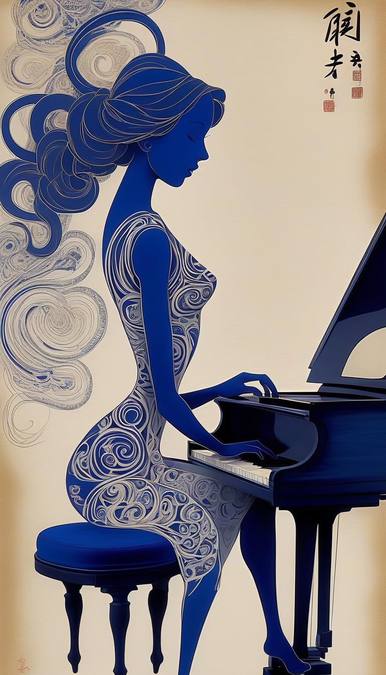  (masterpiece, stunning, high resolution: 1.3), an abstract expressionist graceful ornate drawing, a silhouette of a luxurious young woman sitting near a piano, (fine curves: 1.2), made with intricate brushstrokes of black carcass, smooth movement, shades of sepia and indigo, creating dynamic contrast (thin lines of carcass: 1.1), emphasizing the contours, (chinese poster style: 1.2), a flat drawing on textured rice paper, animated abstract feeling with a delicate accent and boldness: 1.3.