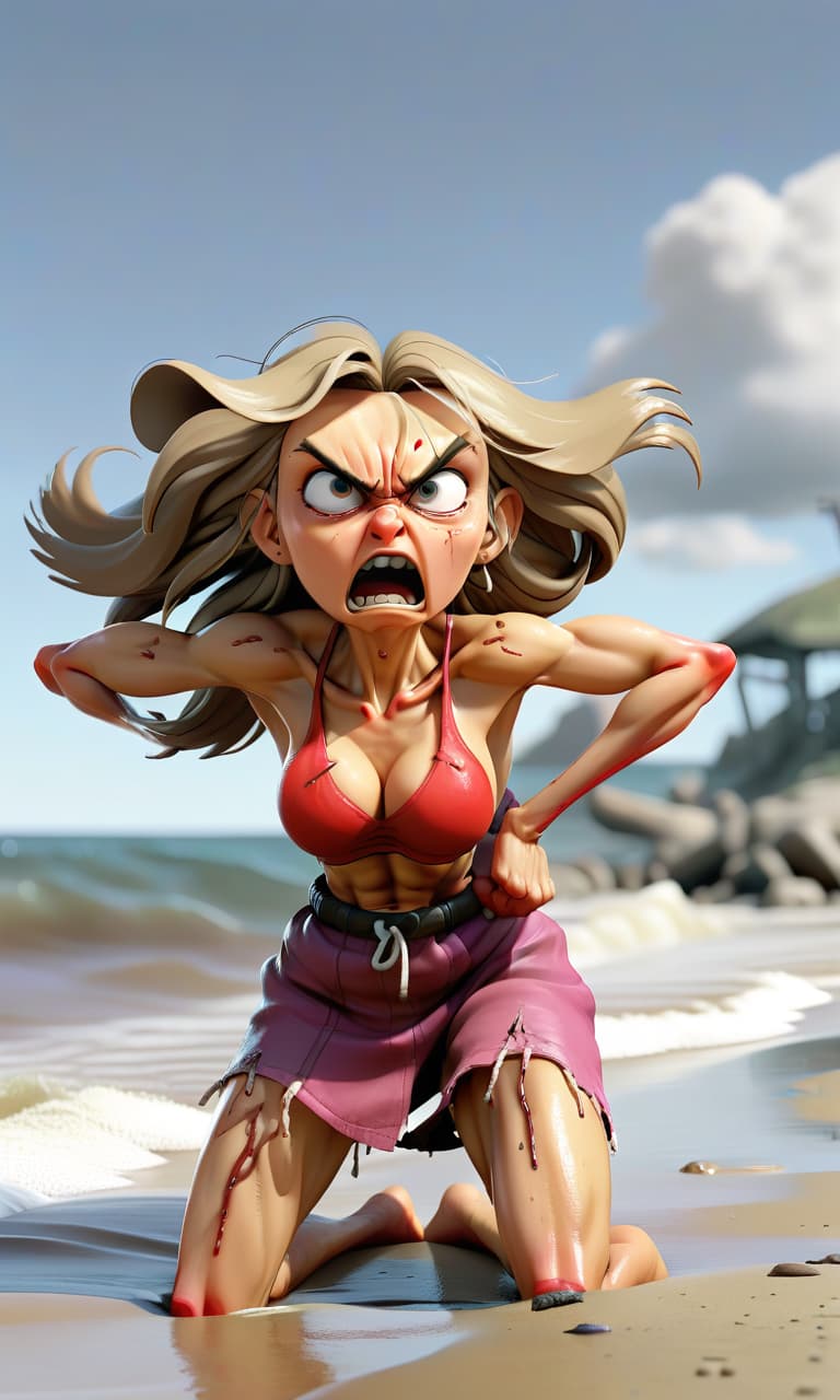  fighting game style old masha, standing on the beach, pissed herself, dripping from , , through, masha crying, realism. . dynamic, vint, action packed, detailed character design, reminiscent of fighting video games, film photography style