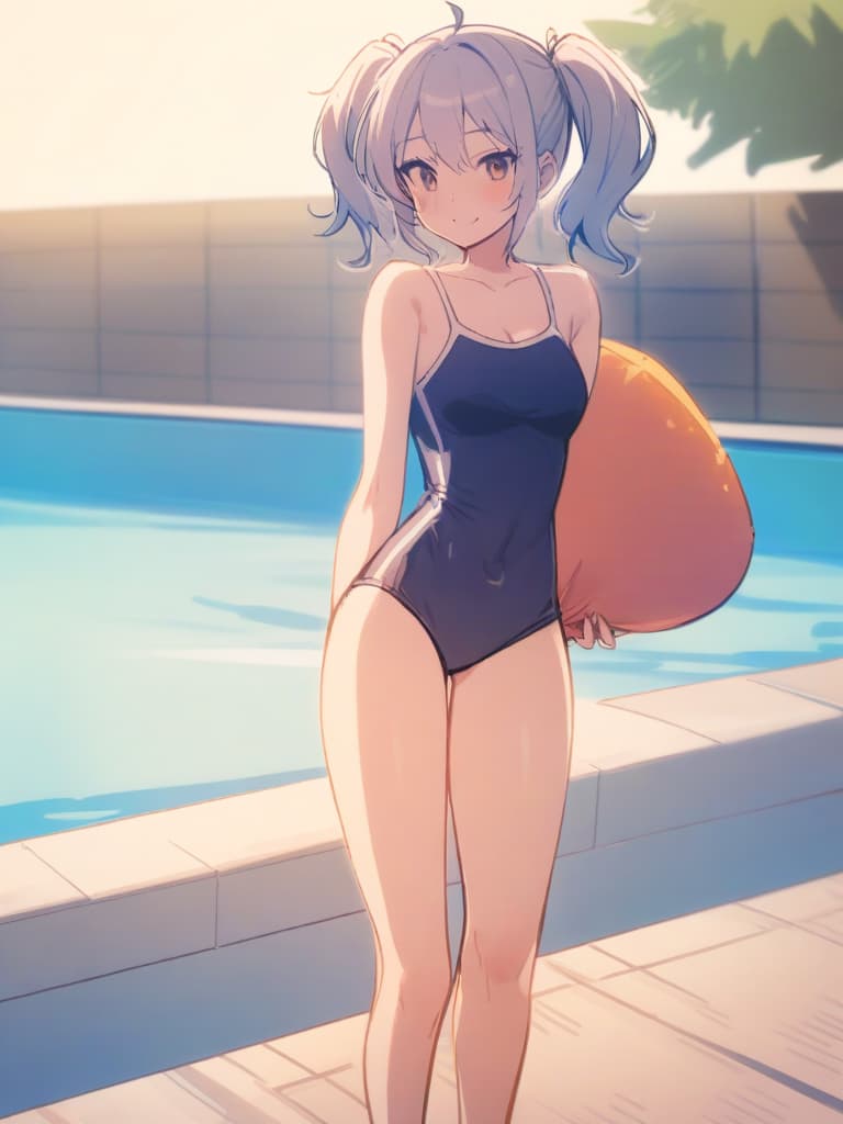  women's elementary , twin tails, cute smiles, rich s, low stature, dark blue swimwear, old swimwear, , simple, male, pulp, , and male (swelling), front, whole body, pool side,