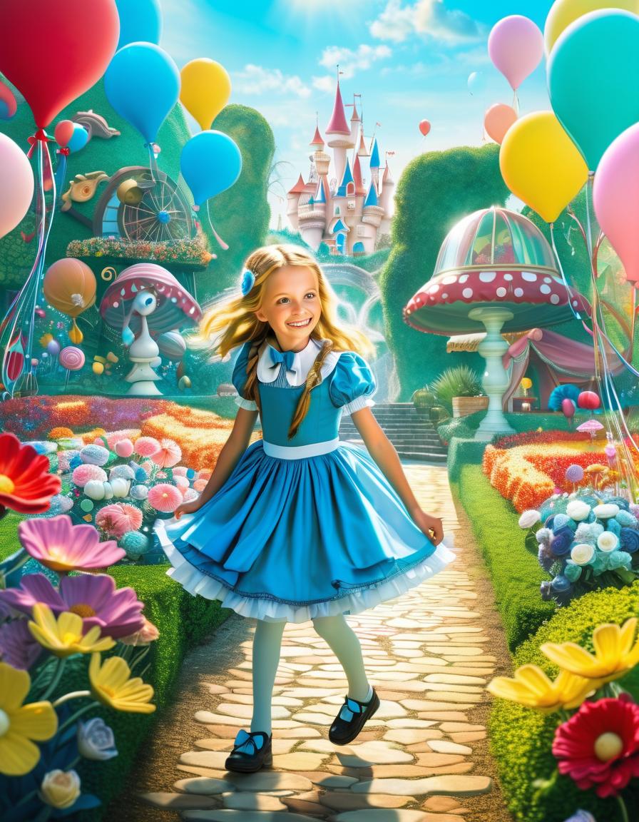  alice, posing with a smile, innocent and lovely, break alice's wonderland adventure, flower filled garden, colorful balloons, pastel colored flowers, break dreamy and whimsical, soft focus background, glittering light effects,