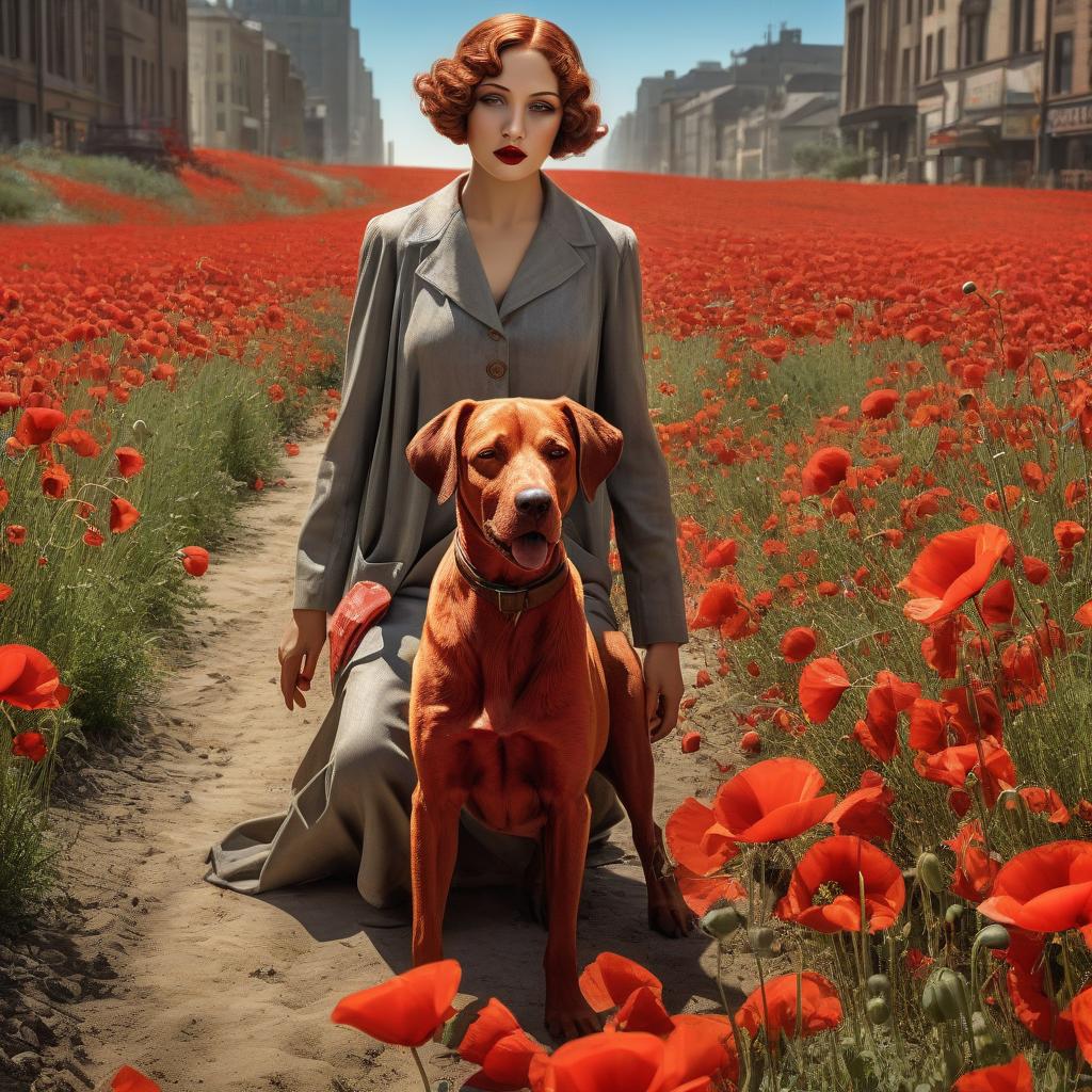  hdr photo of woman from metropolis 1926 poster, red dog, poppies . high dynamic range, vivid, rich details, clear shadows and highlights, realistic, intense, enhanced contrast, highly detailed