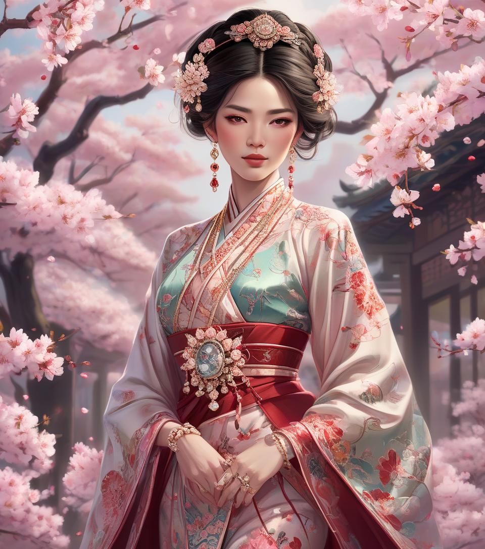  an illustration of a woman in traditional asian attire with intricate jewelry, against a backdrop of cherry blossoms. a gorgeous asian woman in an elaborate, dramatic, traditional costume.