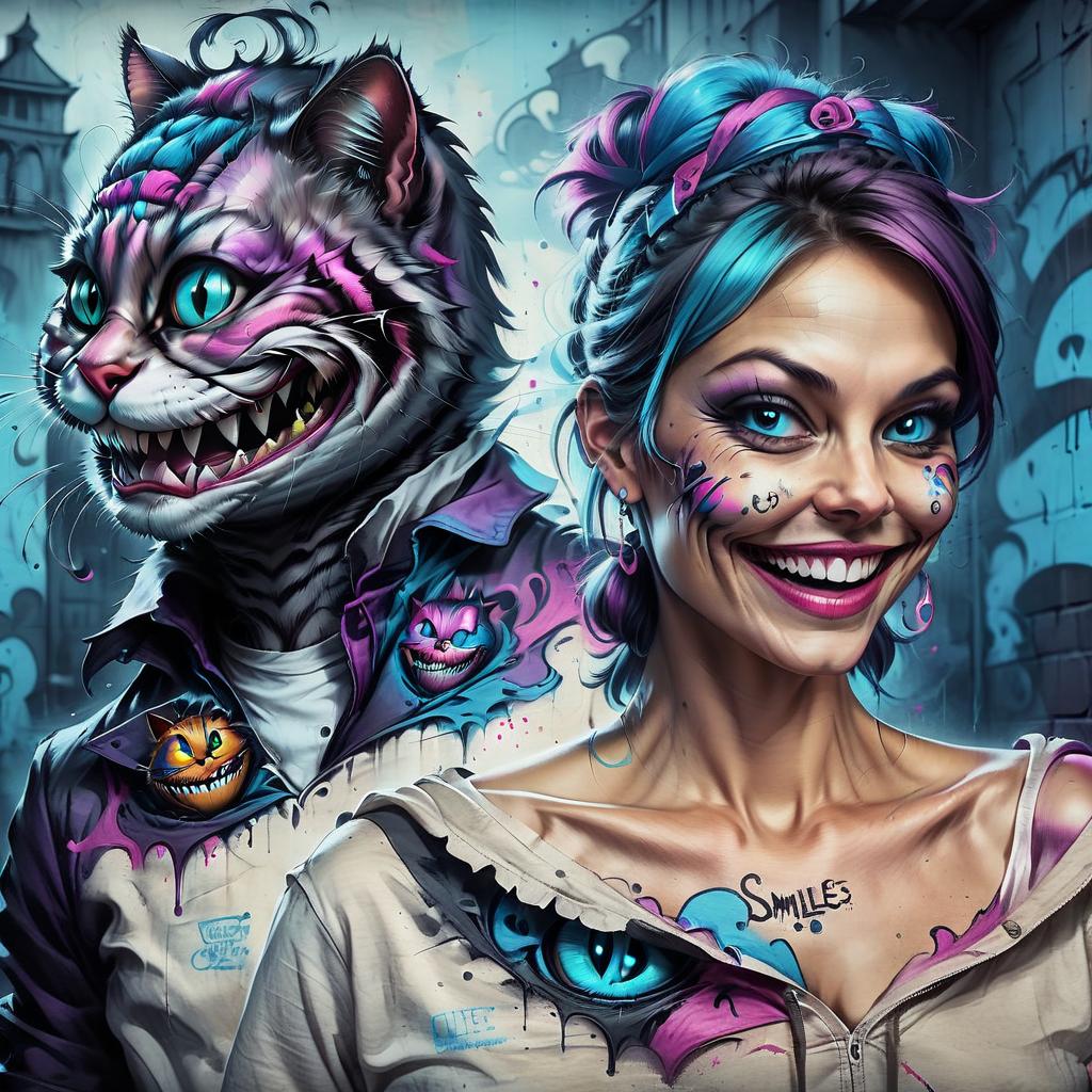  graffiti style cheshire cat smiles wide . street art, vibrant, urban, detailed, tag, mural, on parchment, t shirt design