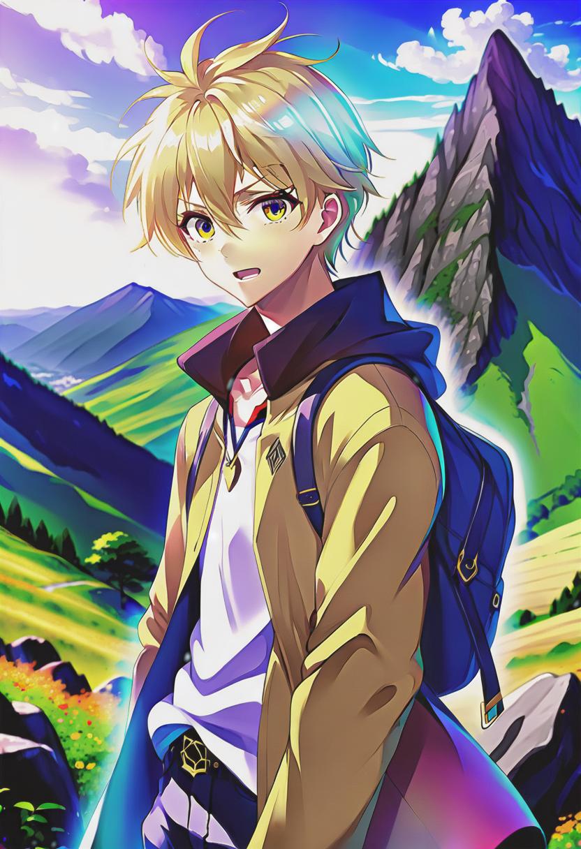  anime artwork a bit full guy, a handsome guy, blonde hair, mountain valley, medium hair . anime style, key visual, vibrant, studio anime, highly detailed