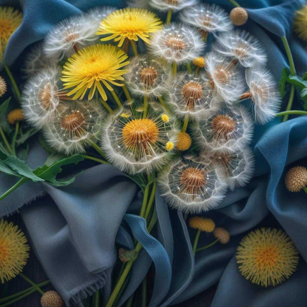  Bouquet of dandelions hyperrealistic, full body, detailed clothing, highly detailed, cinematic lighting, stunningly beautiful, intricate, sharp focus, f/1. 8, 85mm, (centered image composition), (professionally color graded), ((bright soft diffused light)), volumetric fog, trending on instagram, trending on tumblr, HDR 4K, 8K